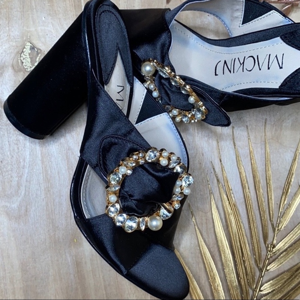 Gorgeous Rhinestone & Black Satin Slip On Heels!